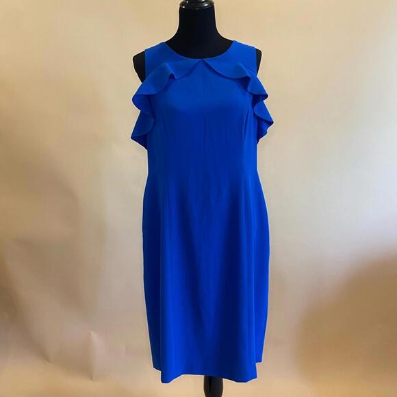 Maggy London Royal Blue Cold Shoulder Ruffle Sheath Midi Dress Size 16 - Picture 2 of 8